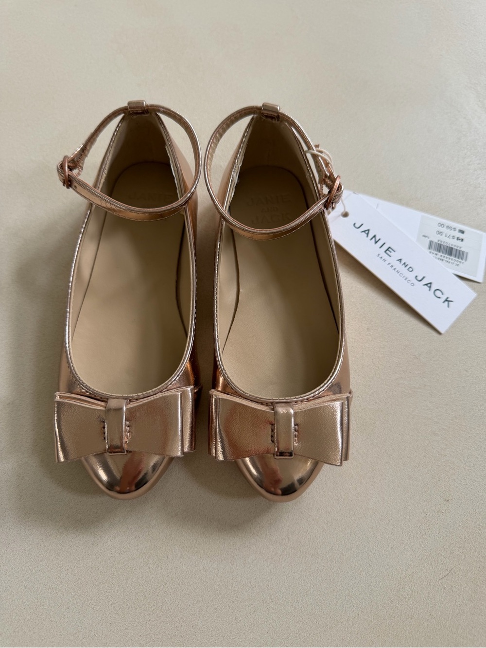 Janie and Jack Rose Gold Bow Ankle-Strap Flats for Girls